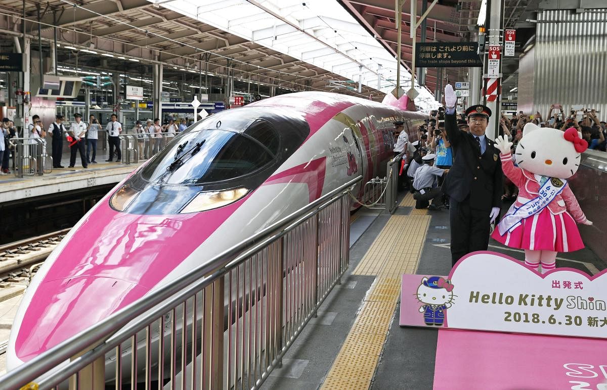 A Hello Kitty-themed bullet train is unveiled at JR Shin Osaka station, in Japan on Saturday. (AP/PTI)