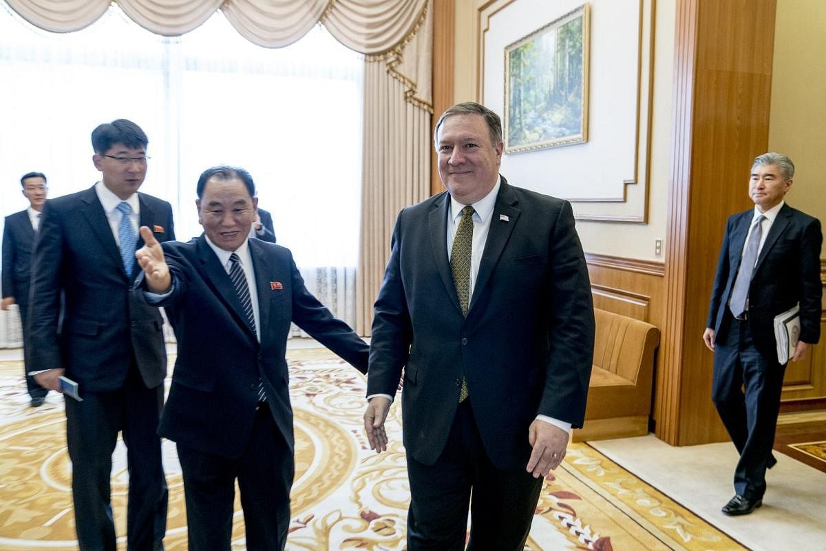 Secretary of State Mike Pompeo held talks in an elegant Pyongyang guest house for a second day with North Korean leader Kim Jong Un's right-hand man Kim Yong Chol. (AP/PTI Photo)