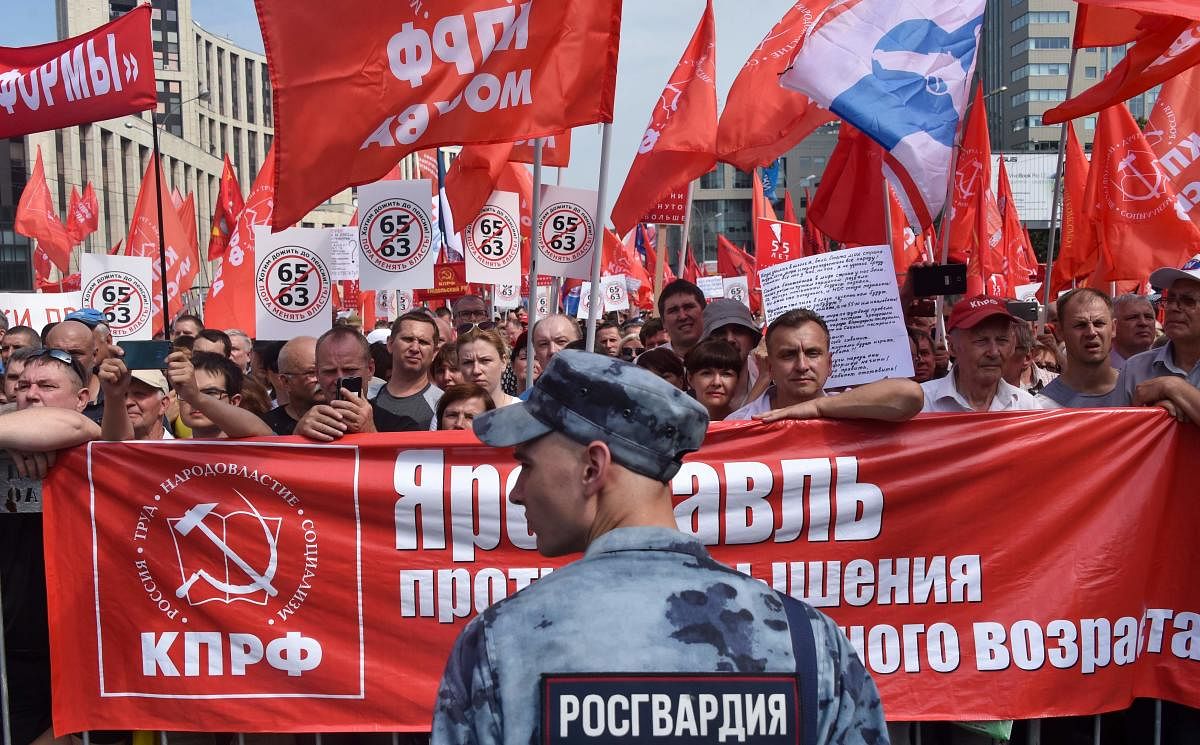 Russian Communist party supporters along with activists of the country's left-wing movements rally against the government's proposed reform hiking the pension age in Moscow. AFP