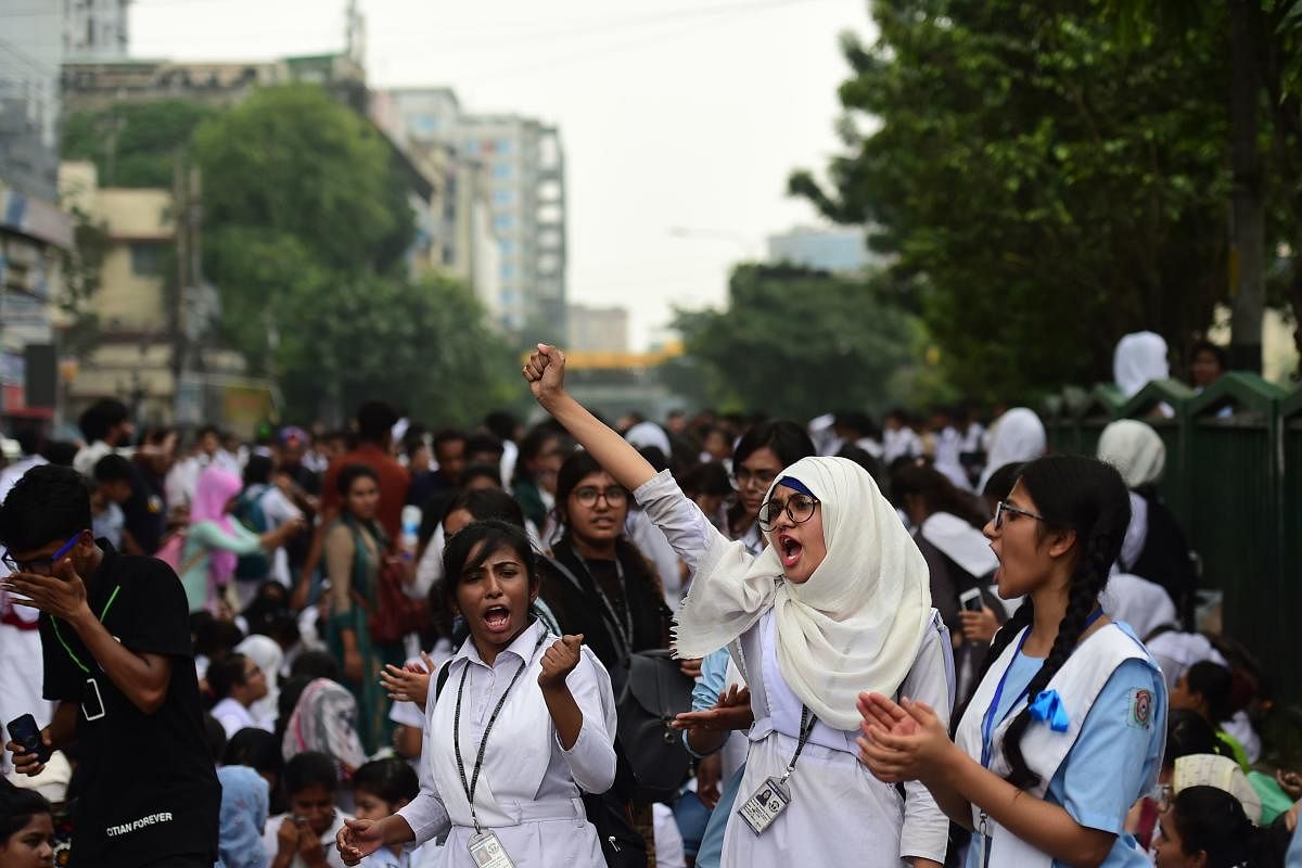 Bangladeshi students block a road during a student protest in Dhaka on August 4, 2018, following the deaths of two college students in a road accident. AFP