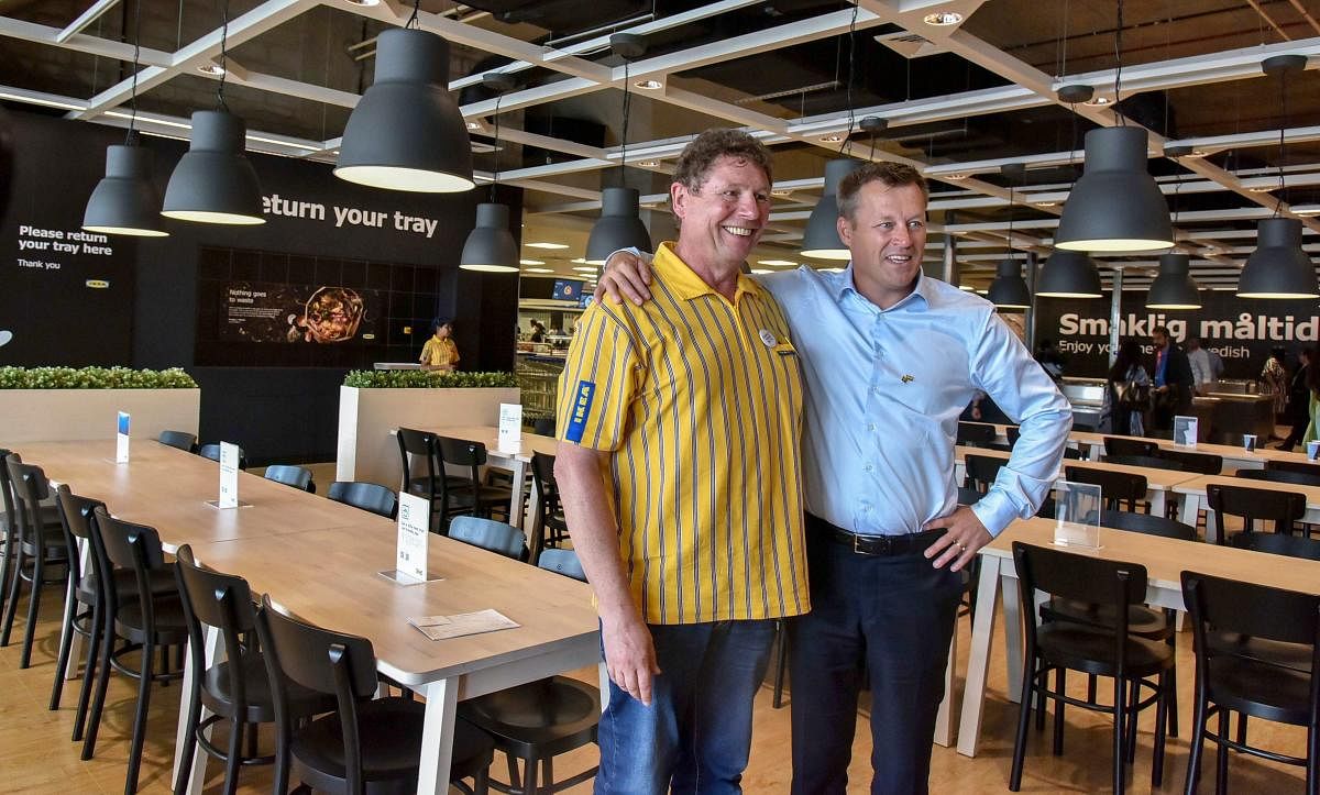 IKEA Group CEO Jesper Brodin (R) with company's India CEO Peter Betzel pose for photograph during a press conference on the eve of IKEA's first India store, in Hyderabad on Wednesday, Aug 8, 2018. (PTI Photo)