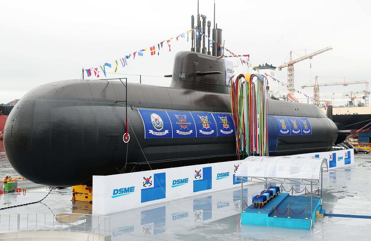 The 3,000-tonne diesel-electric submarine, Dosan Ahn Chang-ho, is seen during a launching ceremony at a shipyard on the southern island of Geoje on September 14, 2018. - South Korea launched its first ever missile-capable attack submarine on September 14