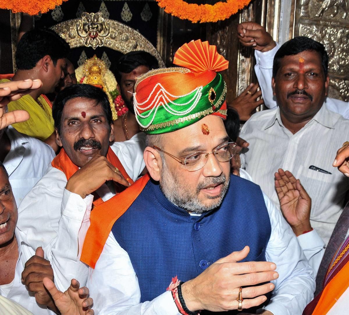 BJP National president Amit Shah arrives to offer prayers at Lal Darwaja Temple, in Hyderabad on Saturday. PTI