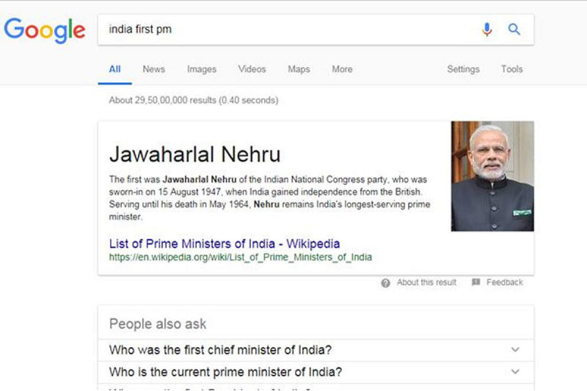 Screenshot of Google search result for the term 'India first pm'.