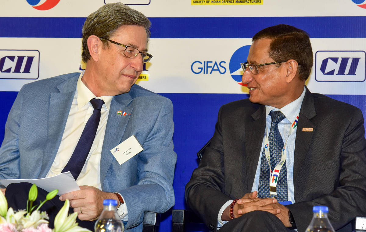 Lt. General Subrata Saha, PVSM, UYSM, YSM, VSM (Retd) having a word with Patrick Daher,Vice Chairman of GIFAS, Chairman & CEO, Daher Aerospace (Left) are seen at the CII Conference on Indo-French Defence & Aerospace Cooperation, at Hotel Shangri-La, in Bengaluru on Tuesday. Photo/ B H Shivakumar