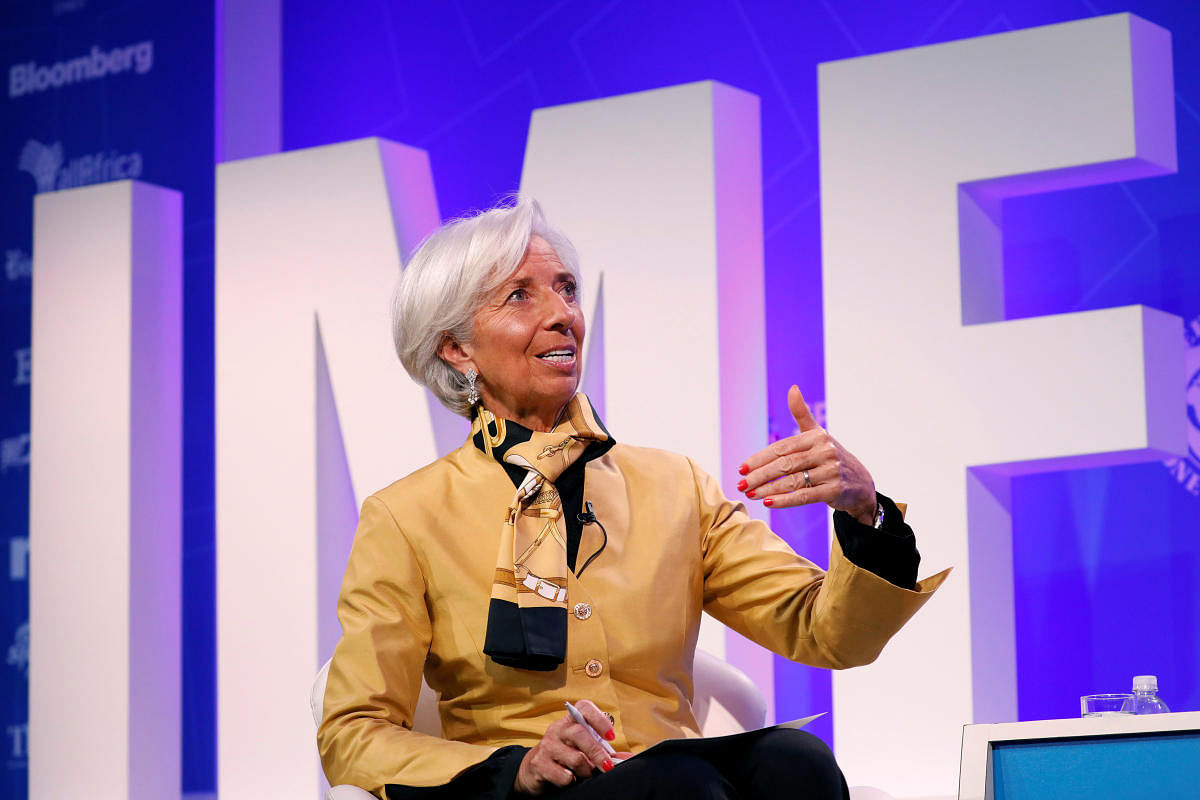 International Monetary Fund Managing Director Christine Lagarde speaks during a panel entitled "Reforming the Euro Area: Views from Inside and Outside of Europe" during IMF spring meetings in Washington, U.S., April 19, 2018. Reuters. 