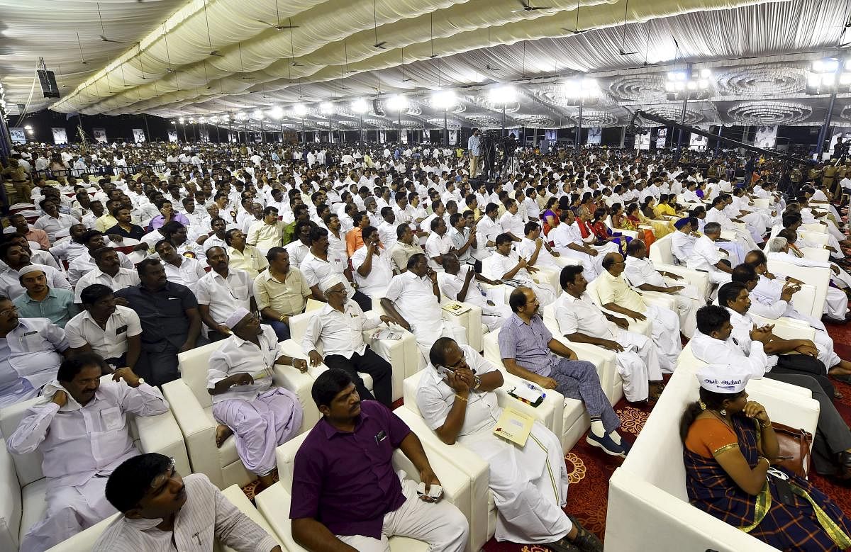 DMK party workers and senior leaders of other party's during the ‘Commemorative meeting for M Karunanidhi‘ at Nandhanam YMCA grounds in Chennai, on Thursday, Aug. 30, 2018. PTI