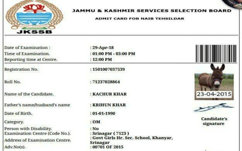 A prankster reportedly got an admit card issued by the SSB in the name of "Kachur Khar" (brown donkey) to write the examination for recruitment of naib tehsildars, scheduled for Sunday. Image: Twitter