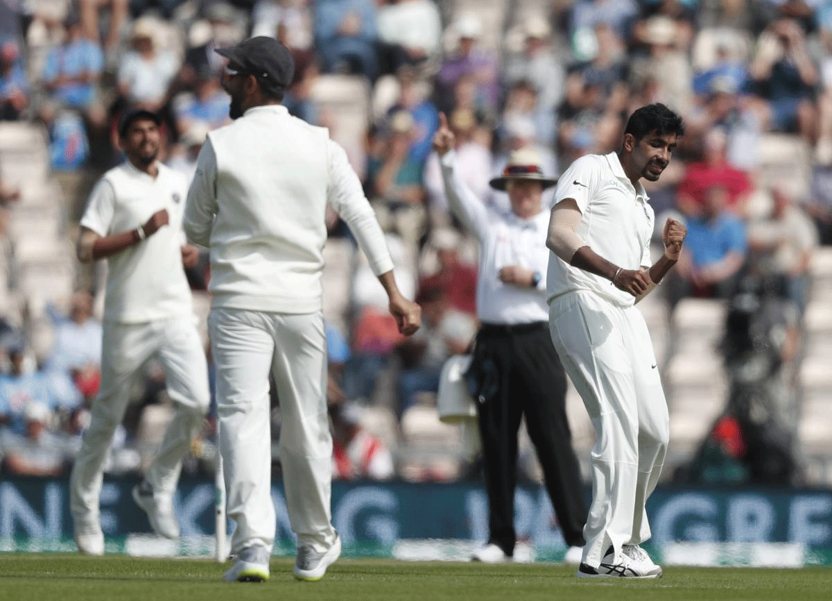 India's Jasprit Bumrah, right celebrates after taking the wicket of England's Jonny Bairstow during play on the first day of the 4th cricket test match between England and India at the Ageas Bowl in Southampton, England, Thursday, Aug. 30, 2018. England and India are playing a 5 test series. AP/PTI
