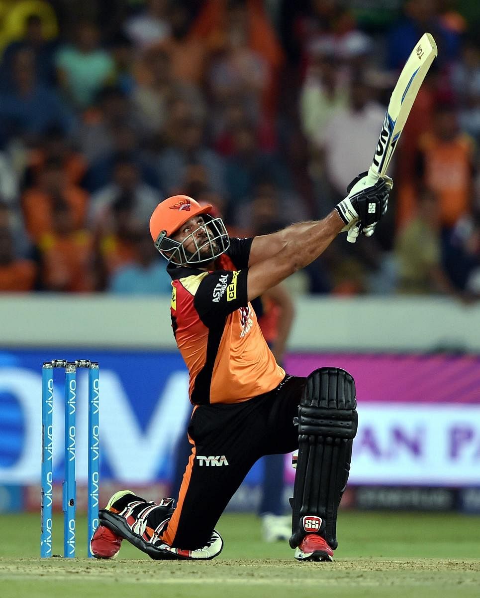 SRH’s Yusuf Pathan sends one over the fence during his quick-fire 27 off 12 balls against Delhi Daredevils. PTI