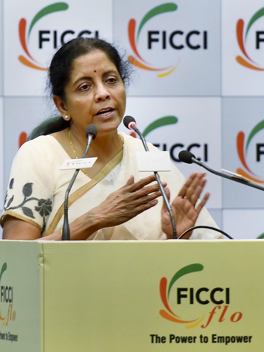 Union Defence Minister Nirmala Sitharaman addresses a FLO interactive sesion on "Stories That Matter - Journey of India's First Full-Time Defence Minister" in New Delhi on Monday. PTI
