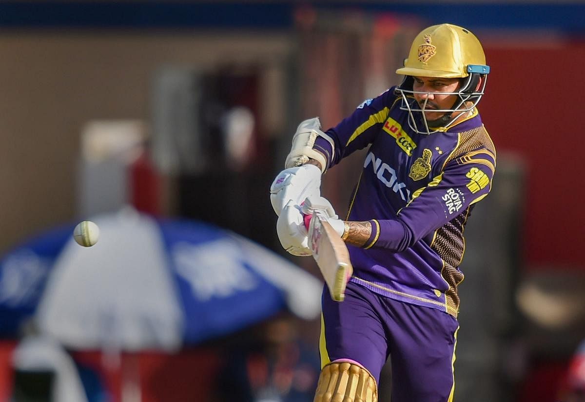 IN HIS ZONE: Kolkata Knight Riders' Sunil Narine pulls one to the fence en route his 36-ball 75 against Kings XI Punjab in Indore on Saturday. PTI