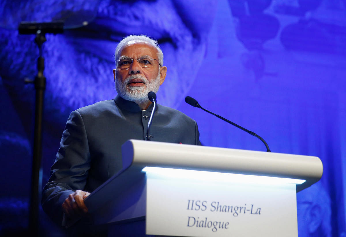 India's Prime Minister Narendra Modi delivers the keynote address at the IISS Shangri-la Dialogue in Singapore. Reuters photo