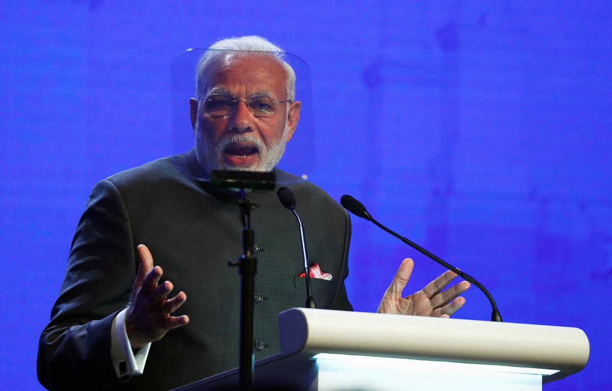 India's Prime Minister Narendra Modi delivers the keynote address at the IISS Shangri-la Dialogue in Singapore. PTI Photo
