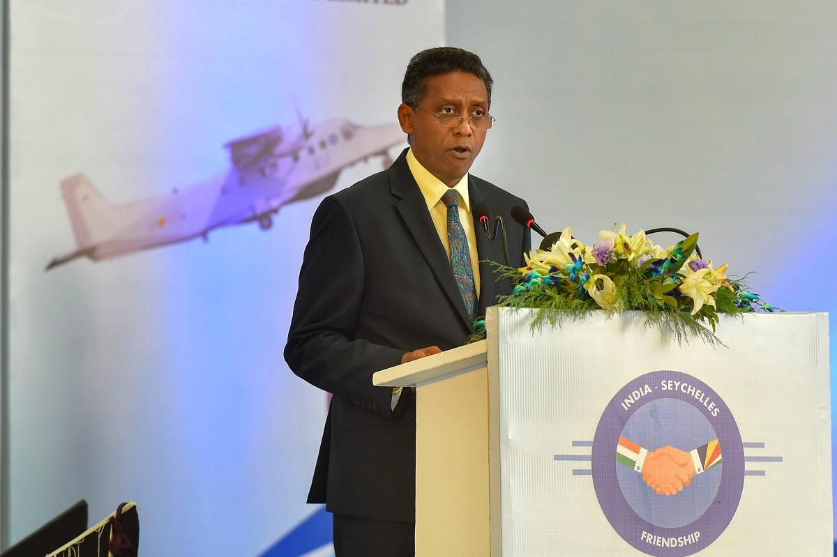Seychelles President Danny Faure speaks during handing over of a Dornier aircraft to Seychelles by India, at Palam Technical Area, in New Delhi on Tuesday. PTI file photo