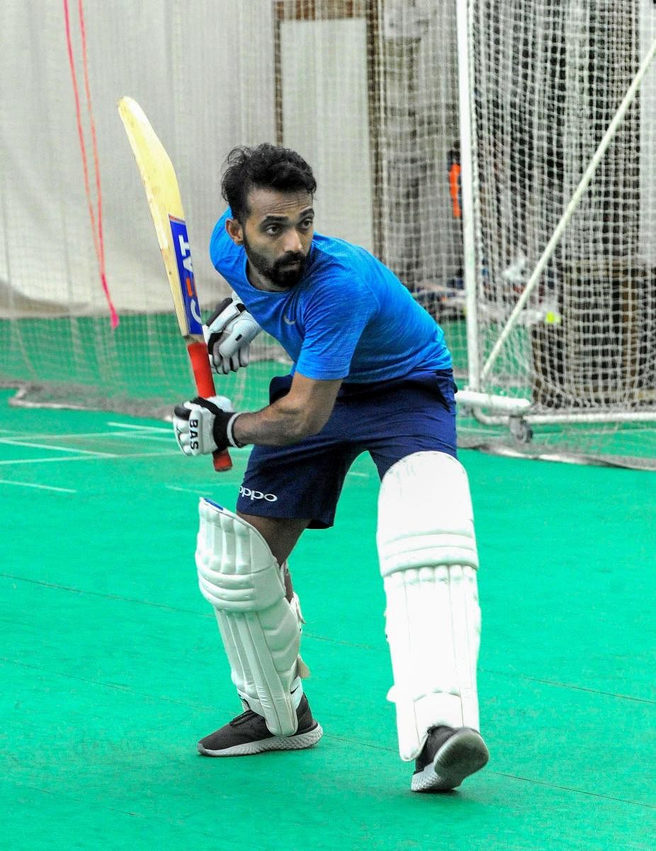 Ajinkya Rahane during a practice session for the upcoming England tour at BKC, in Mumbai. PTI file photo.