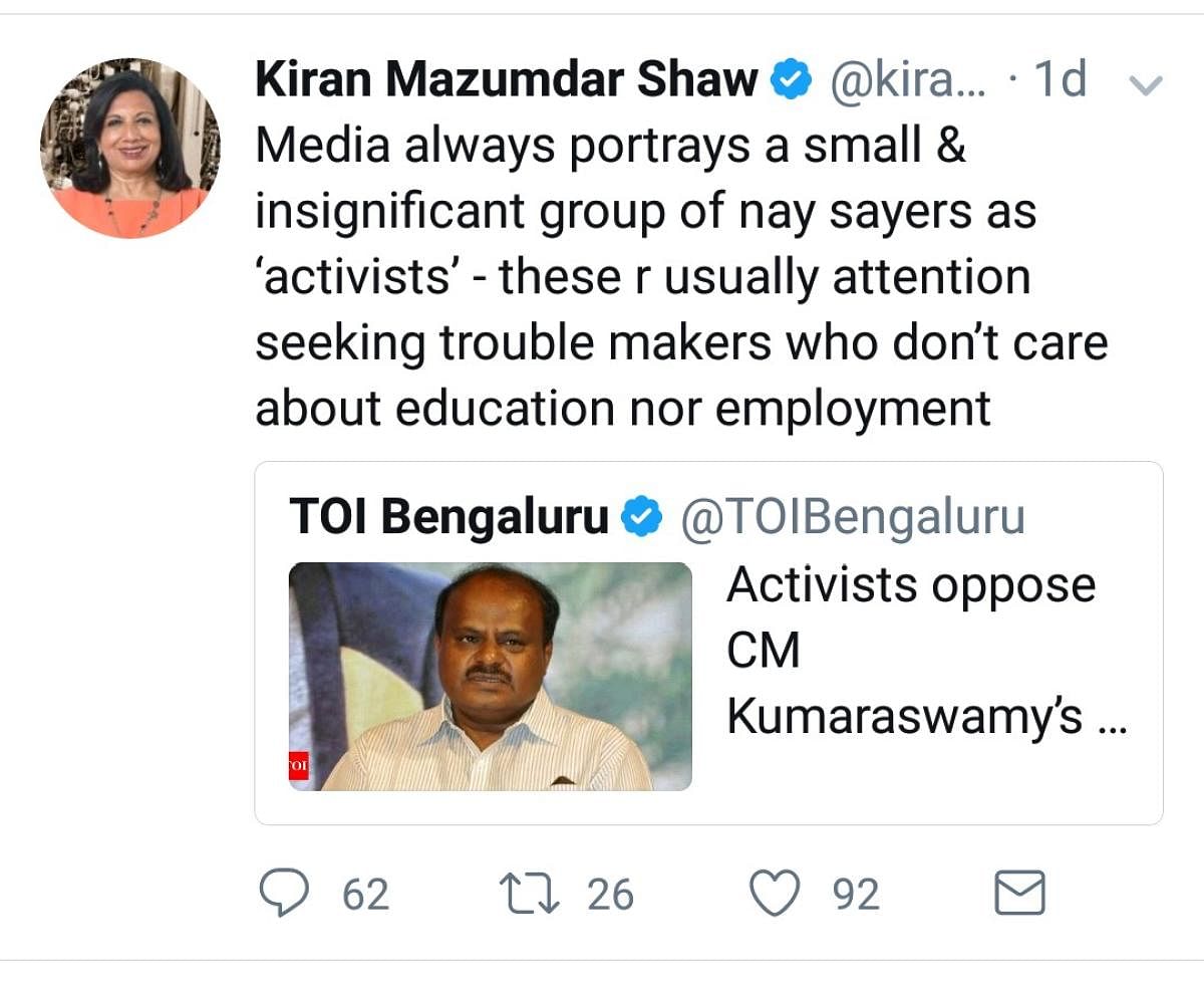 The tweet by Biocon chairman Kiran Mazumdar-Shaw.