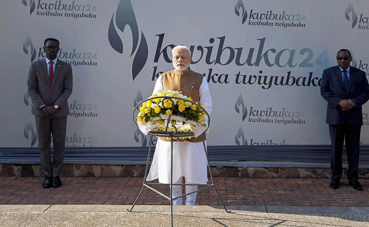 Prime Minister Narendra Modi at Kigali Genocide Memorial Centre, in Rwanda on Tuesday, July 24, 2018. (PIB Photo via PTI)