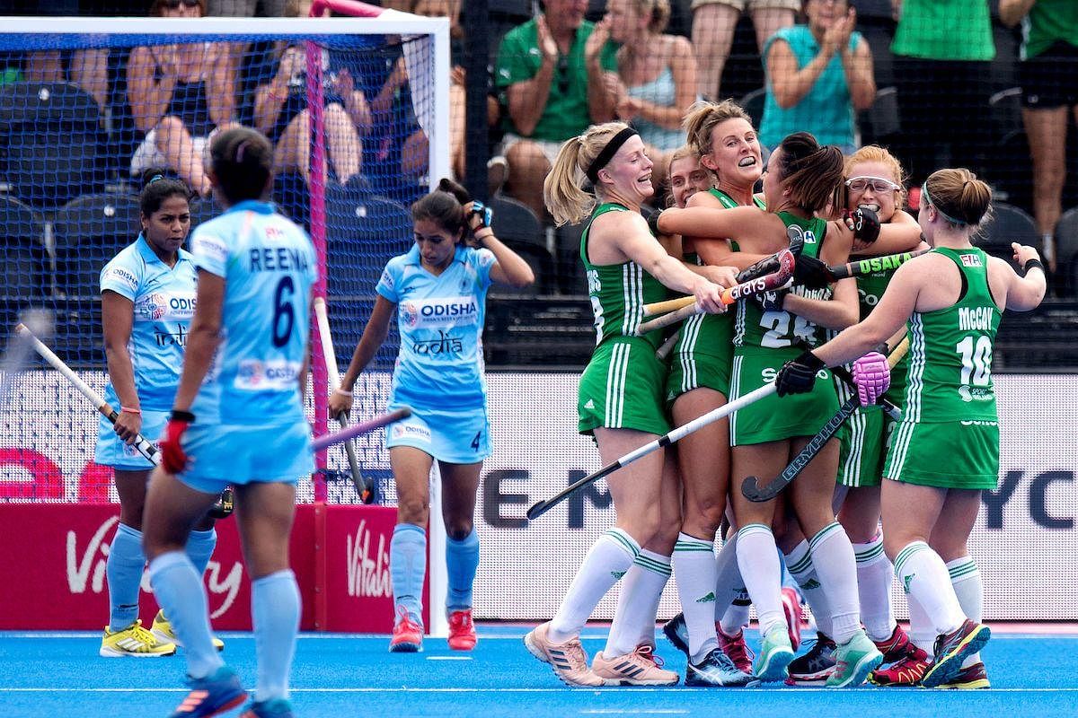 Ireland women celebrate after scoring against India during the group stage encounter on Thursday. WORLDSPORTPICS