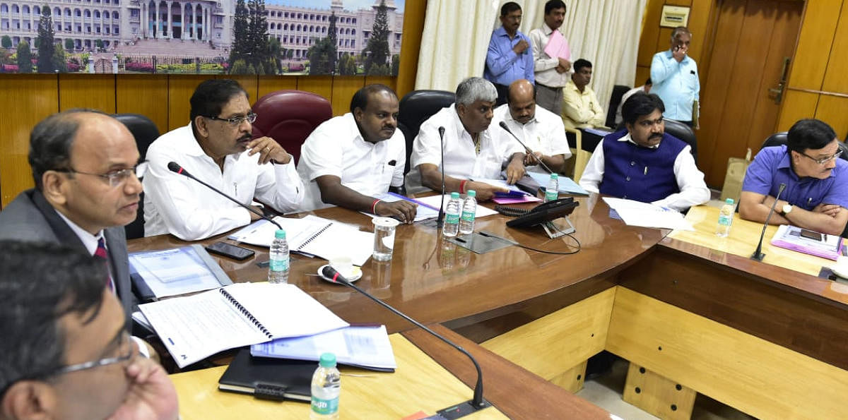 Chief Minister H D Kumaraswamy chairs a meeting on 'Construction of Proposed Elevated Corridors in Bengaluru city' on Monday.