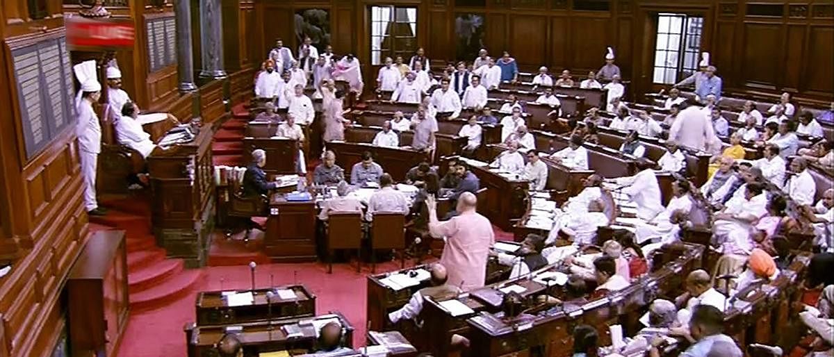 A view of the Rajya Sabha as the proceedings are being conducted during the Monsoon session of Parliament. (RSTV GRAB via PTI)