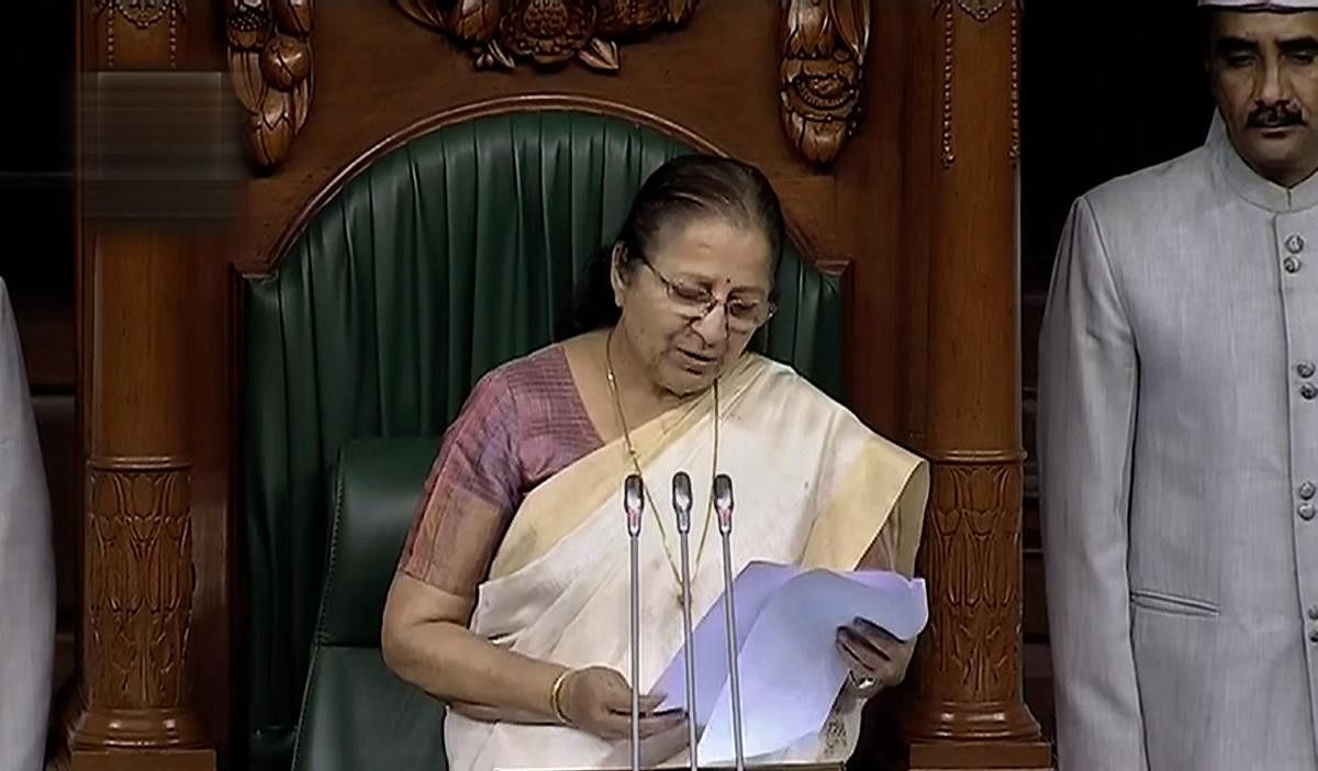 Lok Sabha Speaker Sumitra Mahajan speaks during the obituary reference of DMK chief M Karunanidhi, during the Monsoon session of Lok Sabha, in New Delhi on Wednesday, Aug 08, 2018. (LSTV Grab via PTI)