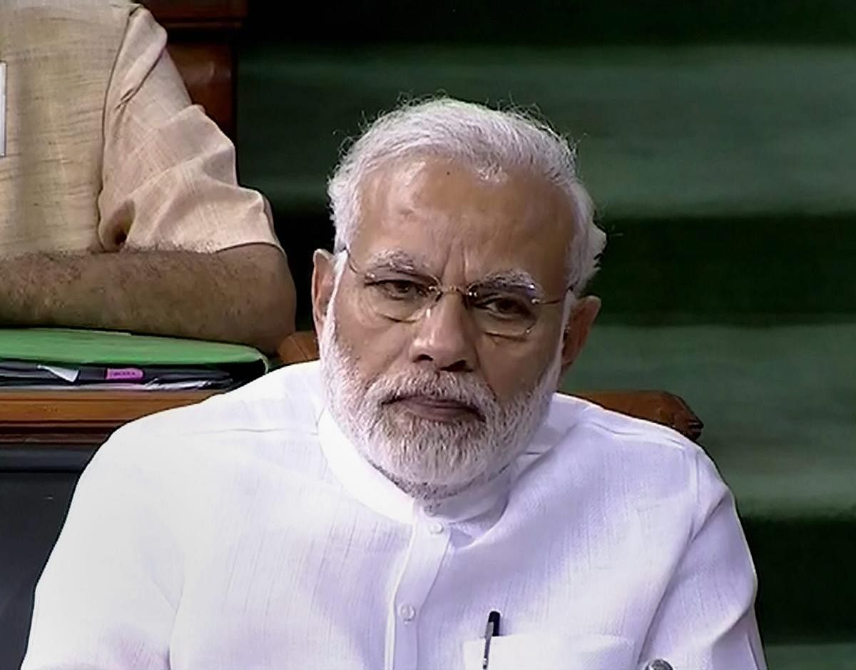 New Delhi: Prime Minister Narendra Modi in the Lok Sabha on the last day of the Monsoon session of Parliament, in New Delhi on Friday, Aug 10, 2018. (LSTV GRAB via PTI) (PTI8_10_2018_000123B)