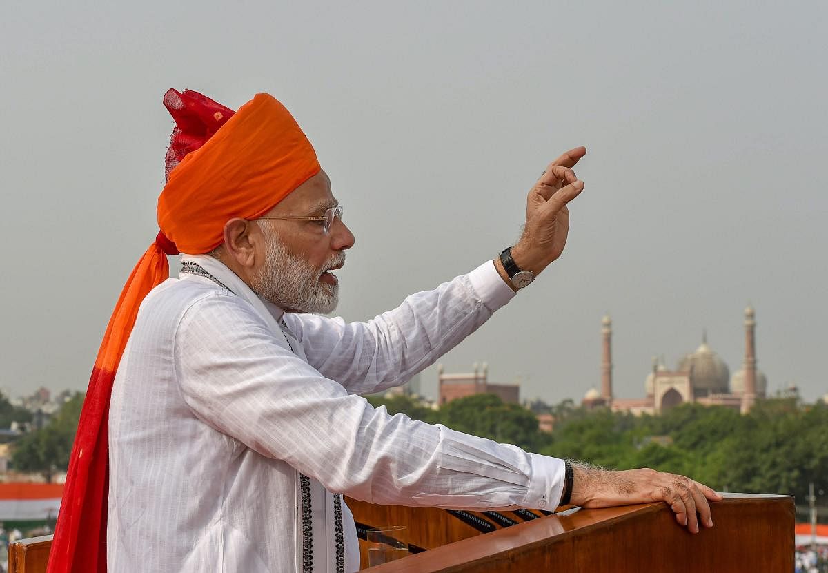 Prime Minister Narendra Modi addresses the nation from the ramparts of the historic Red Fort on the occasion of 72nd Independence Day, in New Delhi. PTI Photo