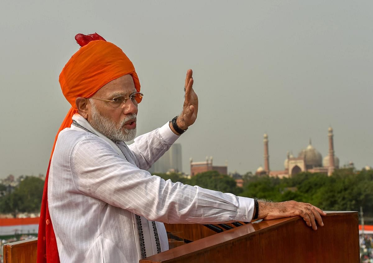 Prime Minister Narendra Modi addresses the nation from the ramparts of the historic Red Fort on the occasion of 72nd Independence Day, in New Delhi on Wednesday. PTI