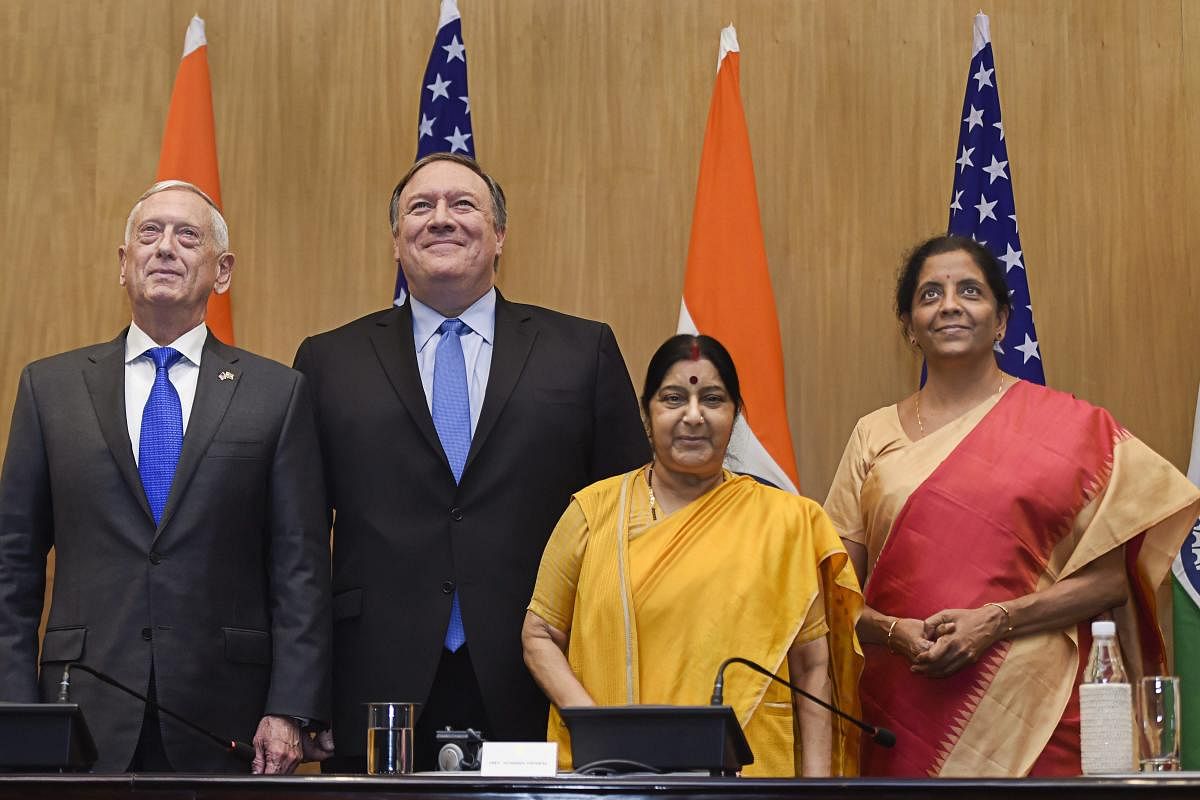 External Affairs Minister Sushma Swaraj, Defence Minister Nirmala Sitharaman, U.S Secretary of State Mike Pompeo and US Secretary of Defense James Mattis at the joint press conference, in New Delhi on Thursday, Sept 6, 2018. (PTI Photo)