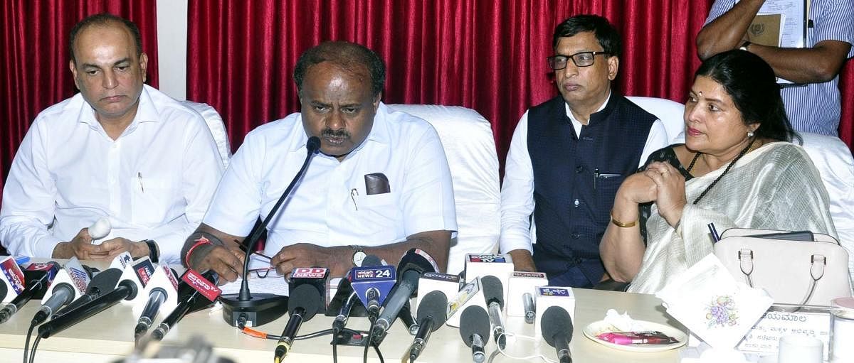 Chief Minister H D Kumaraswamy speaks to reporters in Udupi on Friday.