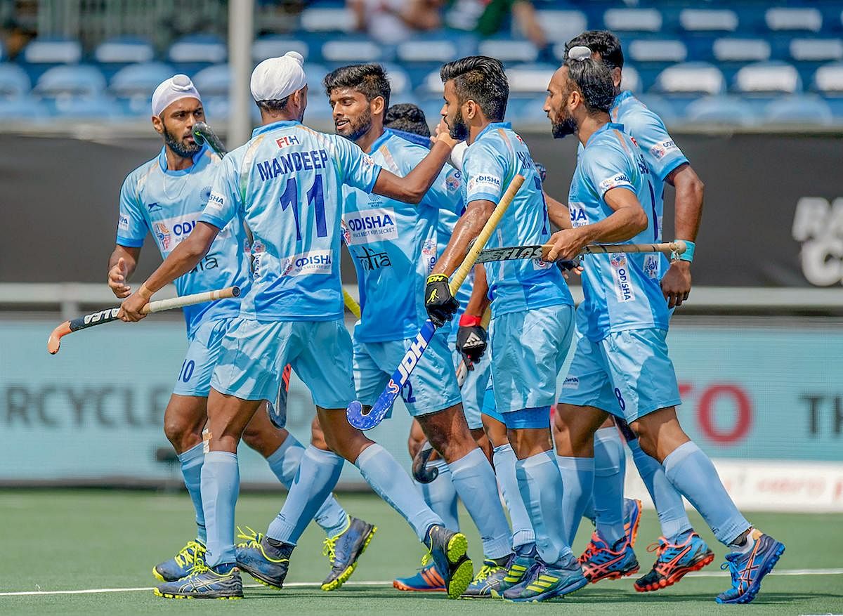 Indian team celebrates a goal against Australia during the Rabobank Men's Hockey Champions Trophy Breda 2018, in Netherlands. PTI
