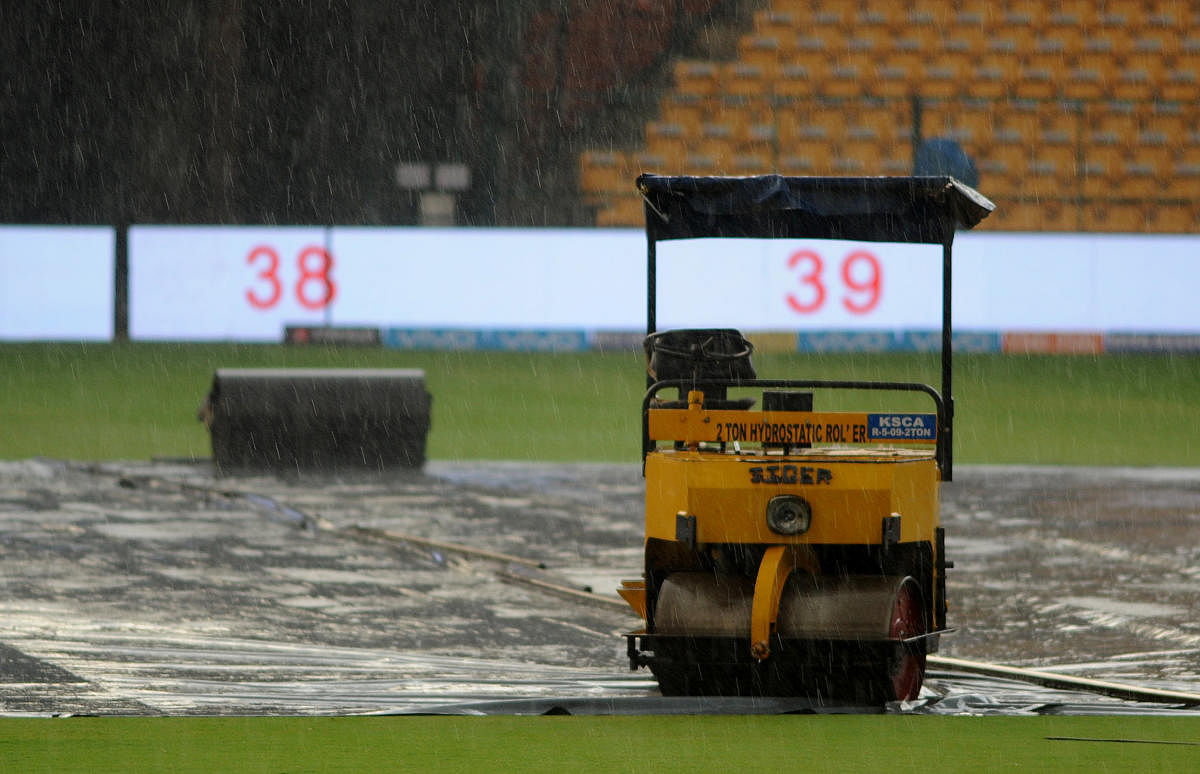RAIN THREAT Heavy rain forced Royal Challengers to cancel their practice session on Friday, the eve of their match against Delhi Daredevils at the Chinnaswamy Stadium in Bengaluru on Friday. DH Photo Srikanta Sharma R.