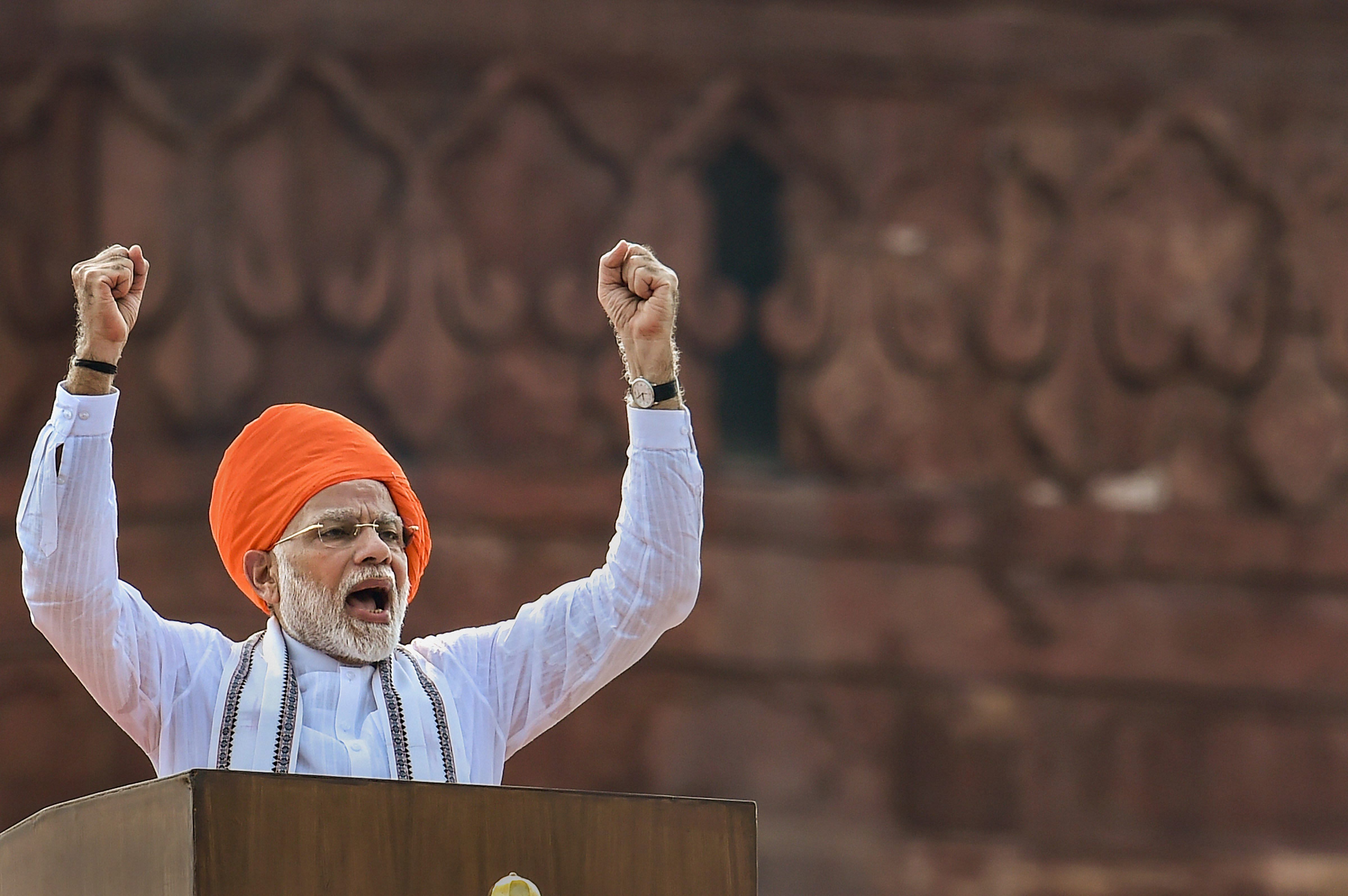 Prime Minister Narendra Modi addresses the nation from the ramparts of the historic Red Fort on the occasion of 72nd Independence Day, in New Delhi on Wednesday. (PTI Photo)