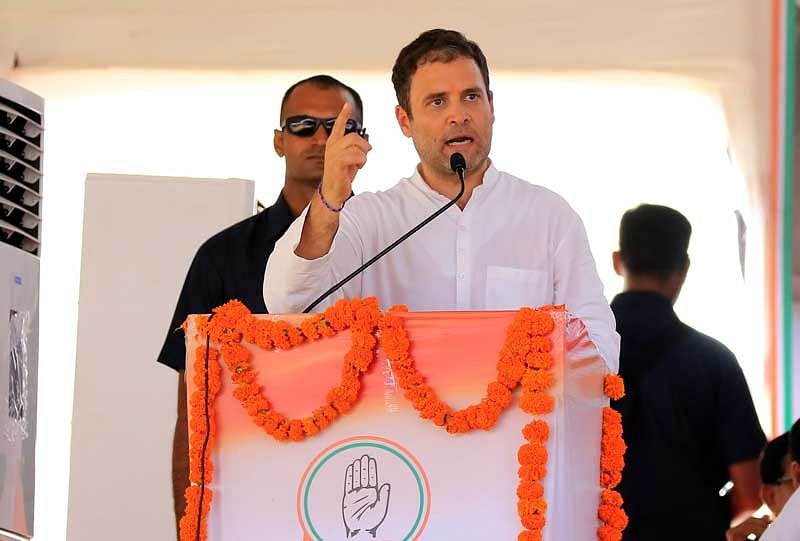 Congress President Rahul Gandhi speaking at a pre-poll rally in Sagwara village in Dungarpur district. (DH Photo/Tabeenah Anjum)
