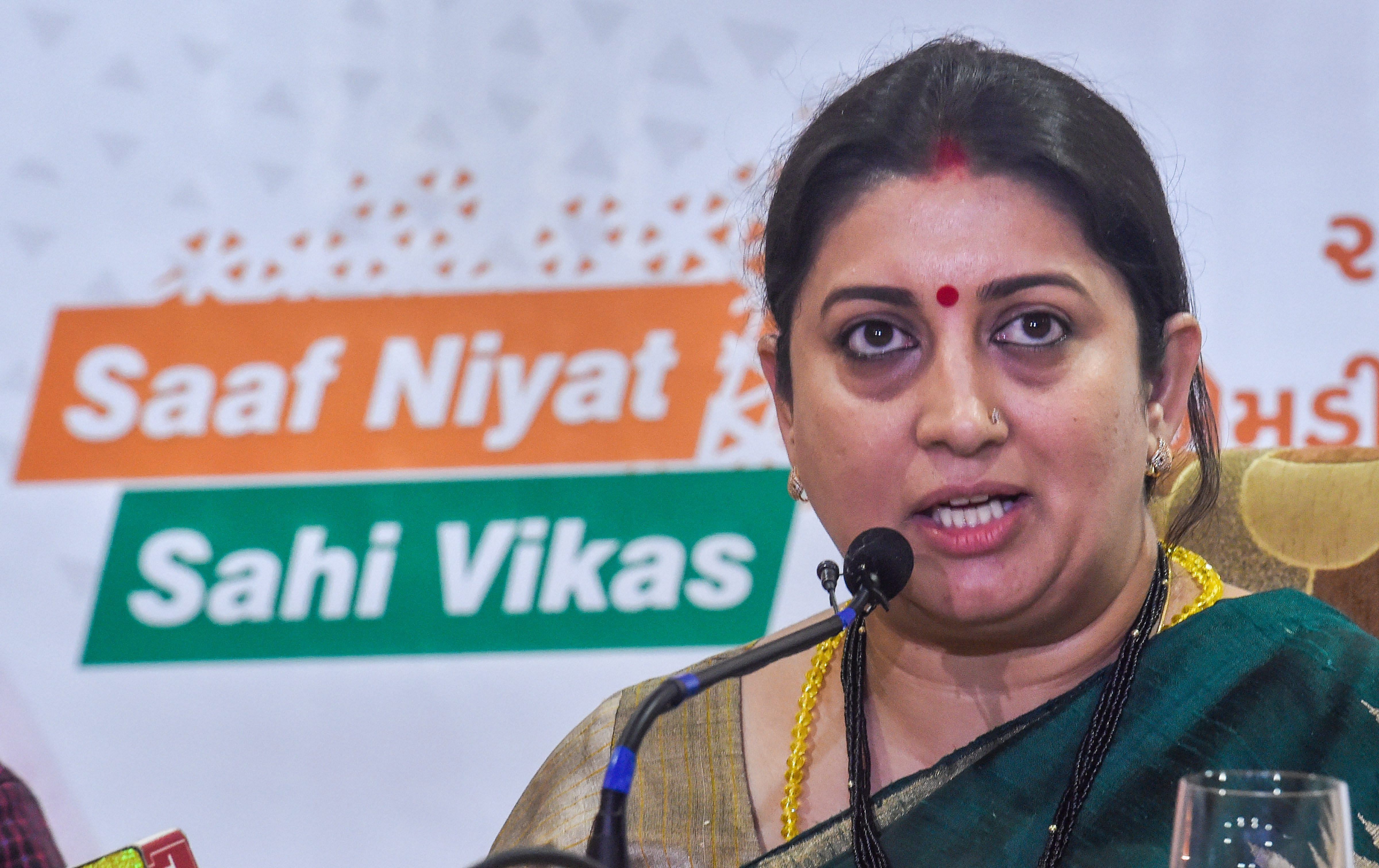 Union Minister of Textiles, Smriti Irani interacts with the media on completion of 4 years of the NDA government, in Ahmedabad on Saturday. PTI