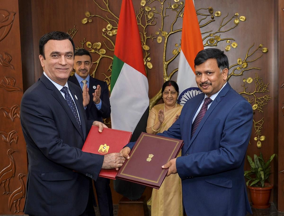 External Affairs Minister Sushma Swaraj with UAE's Foreign Minister Sheikh Abdullah Bin Zayed Al Nahyan look on during an exchange of agreements between India and UAE, in New Delhi on Monday. PTI