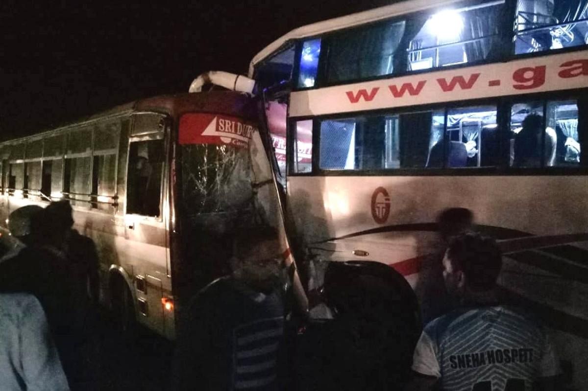 Two buses which collided at Trasi in Baindoor late on Thursday night.