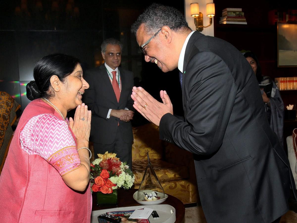 External Affairs Minister Sushma Swaraj greets Tredos Adhanom Ghebreyesus, Director General, World Health Organisation (WHO) on the sidelines of UN General Assembly in New York, Sunday, Sept, 23, 2018. (PTI Photo)