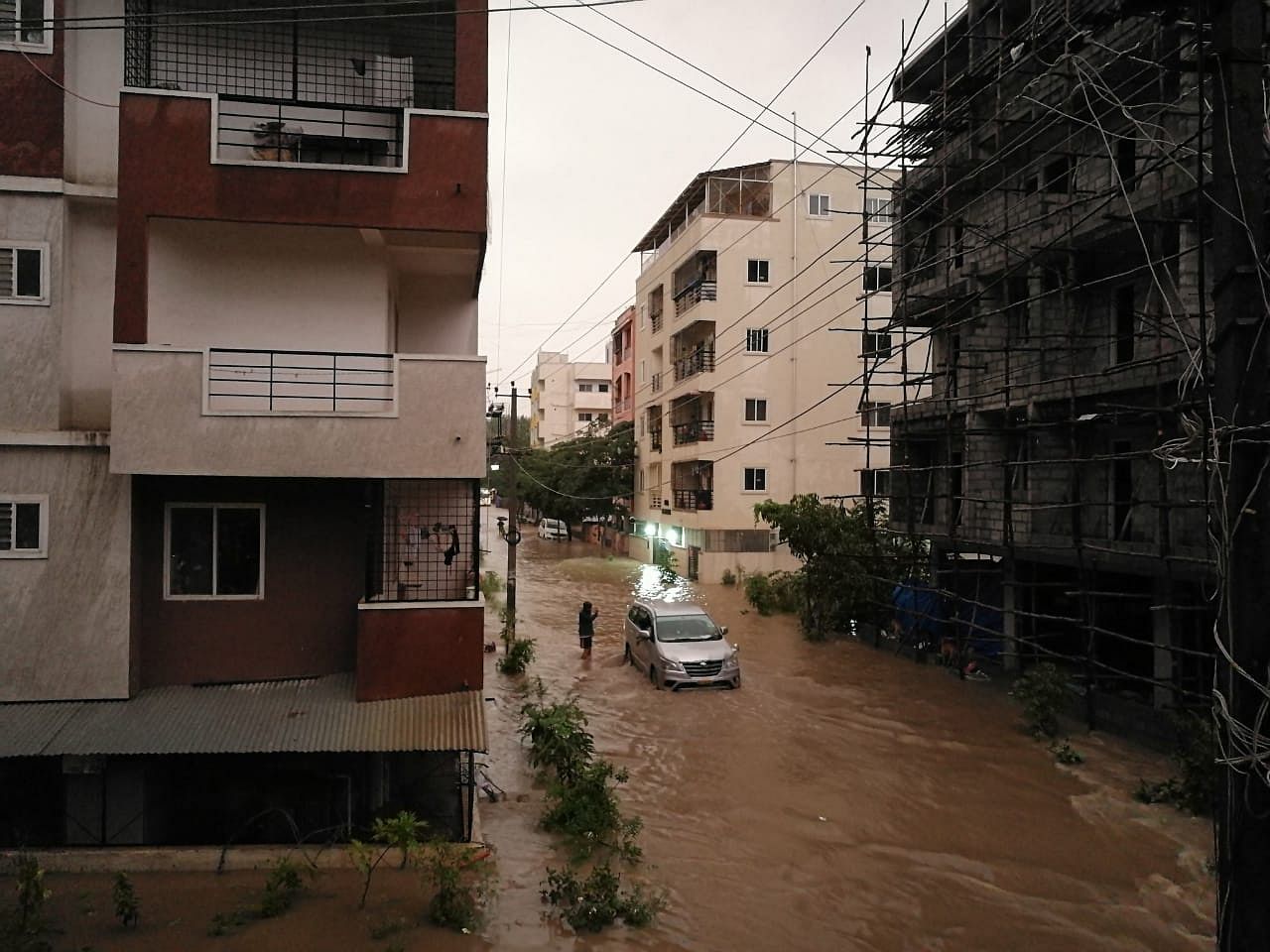 A view of a waterlogged street at Kalena Agrahara in south Bengaluru on Monday. (Pic courtesy: Midhun Manohar)