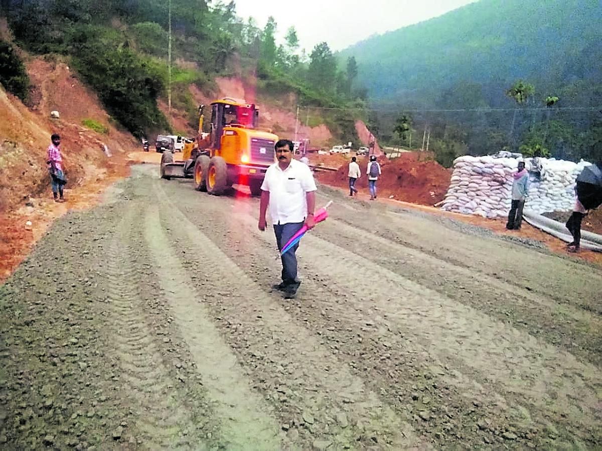The work on Sampaje Ghat road in progress.