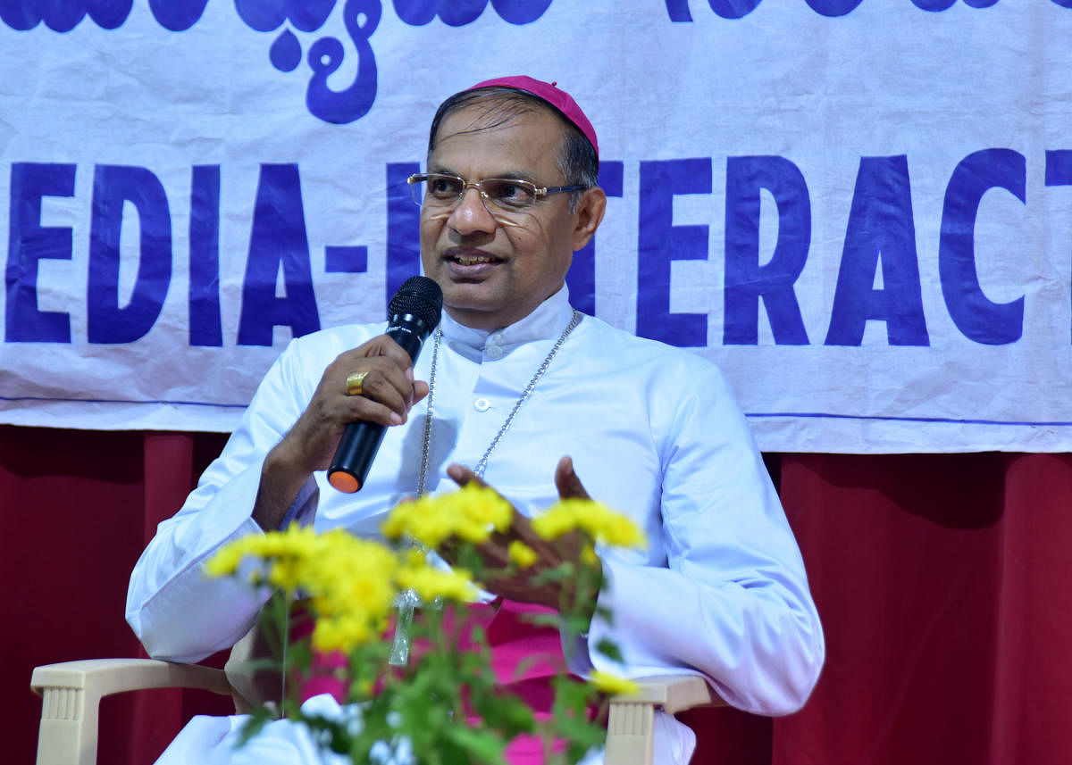 Mangaluru Bishop Dr Peter Paul Saldanha takes part in a media interaction programme at Sandesha Foundation in Mangaluru on Wednesday.