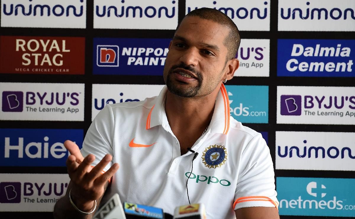 Indian opener Shikhar Dhawan addresses the media ahead of Friday's Asia Cup final in Dubai on Thursday. AFP