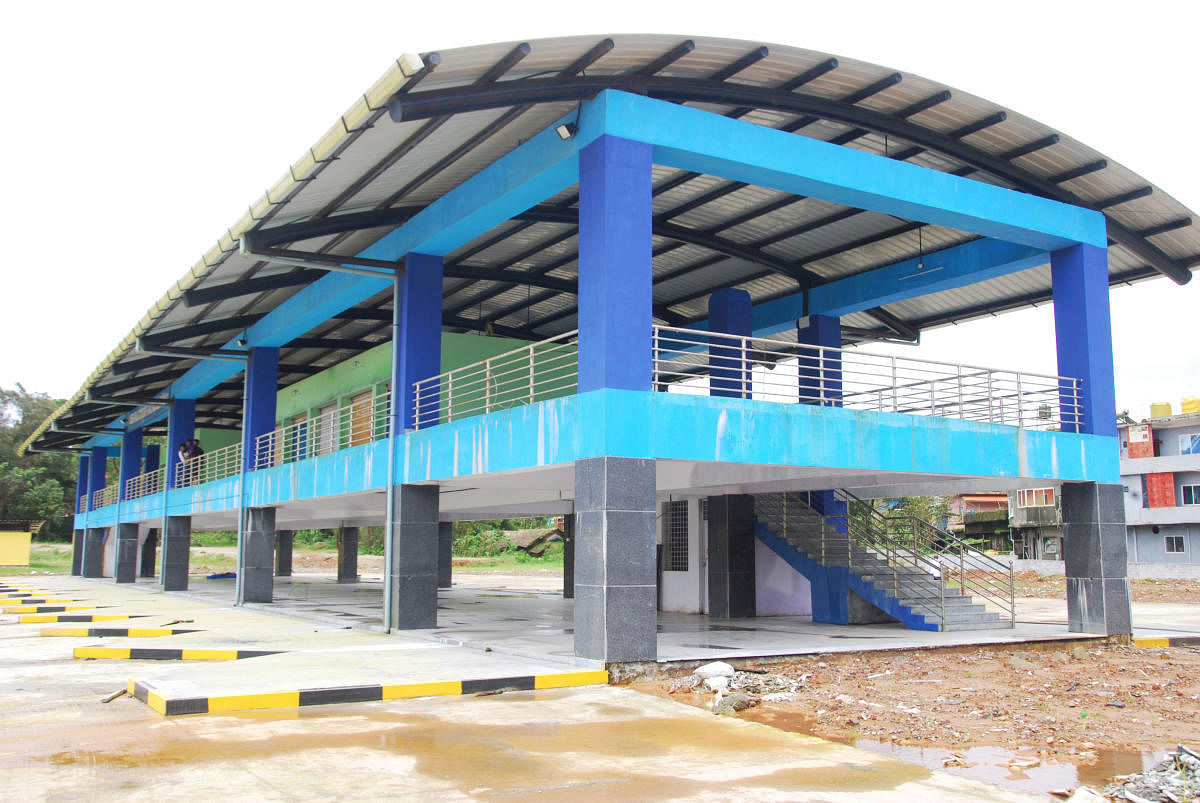 A view of the newly built private bus stand at Race Course Road in Madikeri.