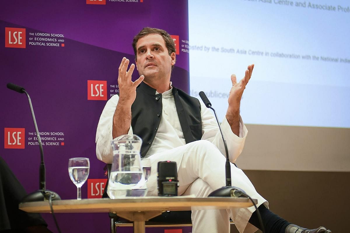 Congress President Rahul Gandhi speaks at an interactive session at London School of Economics, London on Friday, August 24, 2018. (PTI Photo)