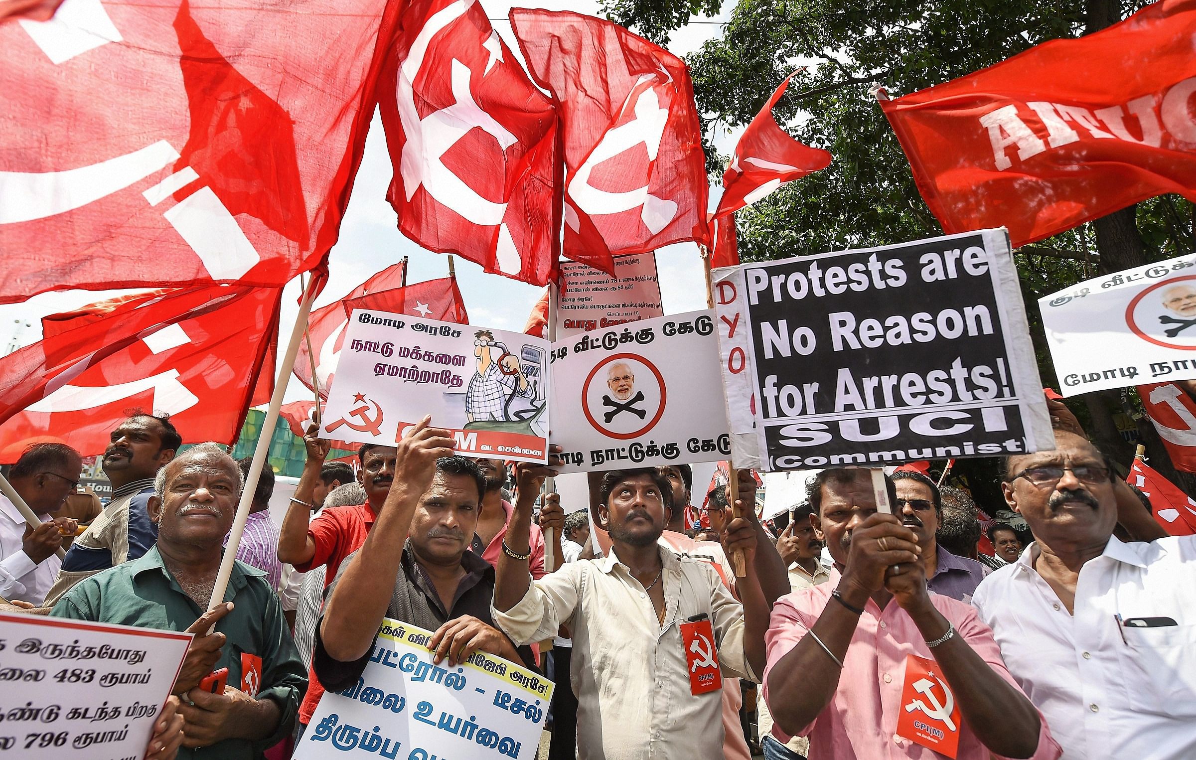 Communist Party of India activists raise slogans during 'Bharat Bandh' protest called by Congress and other parties against fuel price hike and depreciation of the rupee in Chennai, on Monday. PTI