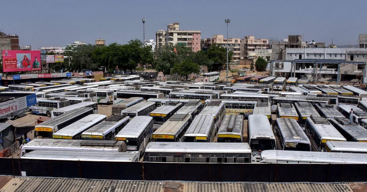 Buses parked at the Sindhi Camp Bus Depot, after Rajasthan Roadways employees went on a day-long strike to press for their demands, in Jaipur. PTI