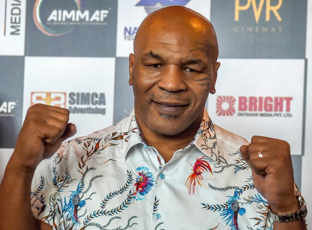 Former US boxer Mike Tyson during a press conference in Mumbai on Friday. PTI