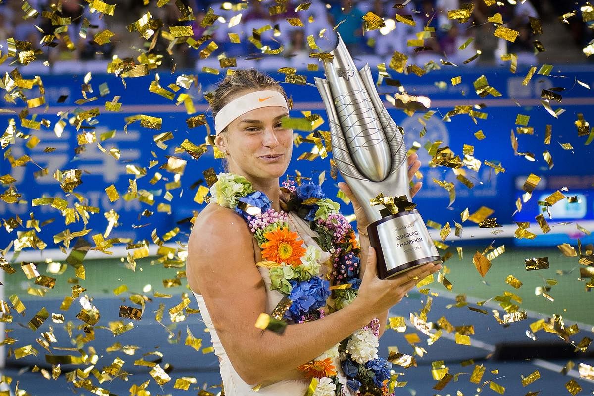 Belarus' Aryna Sabalenka with the trophy after she won the women's singles final against Anett Kontaveit of Estonia on Saturday. AFP