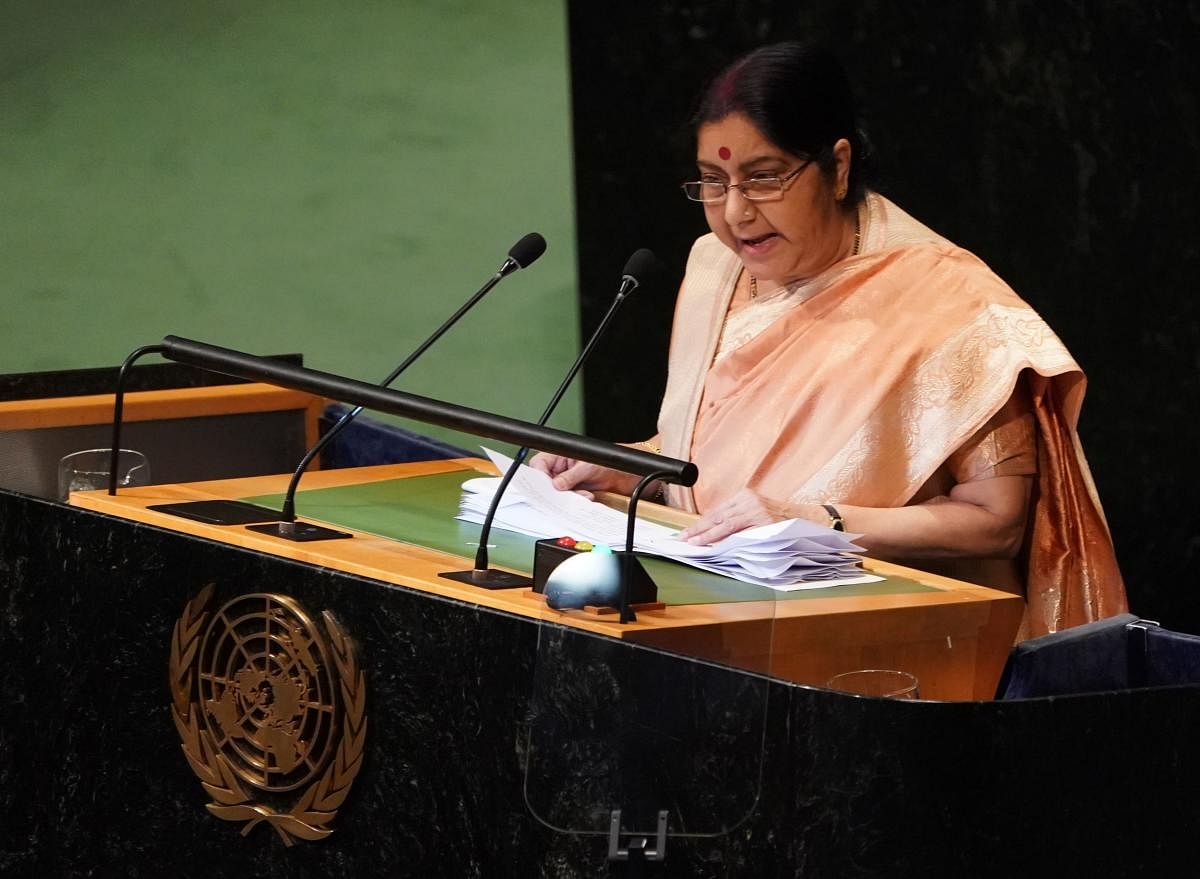 Foreign Minister Sushma Swaraj addresses the 73rd United Nations General Assembly on September 29, 2018, at the United Nations in New York. (AFP Photo)